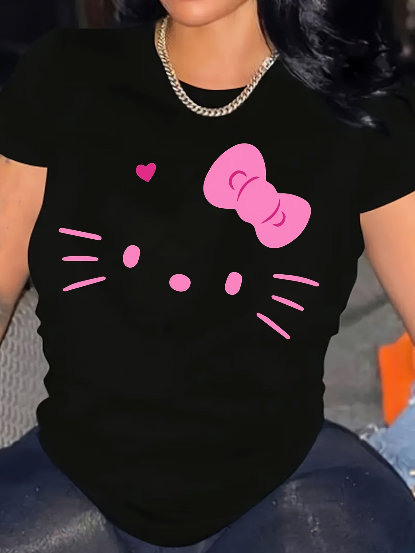 Soft Cotton Hello Kitty Graphic T-Shirt – Cute Black Round Neck Tee with Pink Bow Design, Short Sleeve Casual Wear for Teens | Perfect Gift for Valentine’s Day, Easter, Birthdays, Hello Kitty Shirt